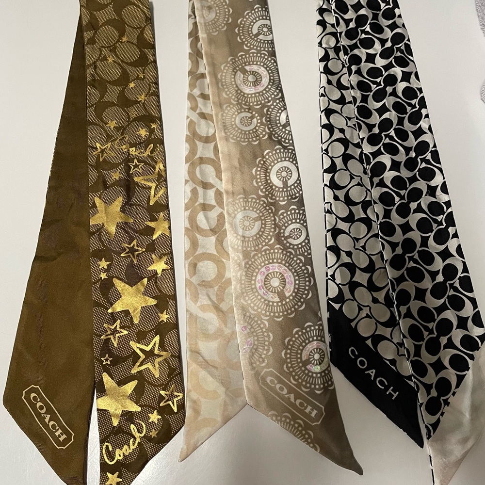 Coach Silk Scarves in khaki Brown, Beige, cream. White and Black